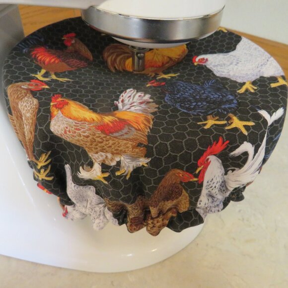 Kitchenaid Bowl Cover Reversible Roosters and Striped Ecru Mixer Bowl Cover - Picture 2 of 5